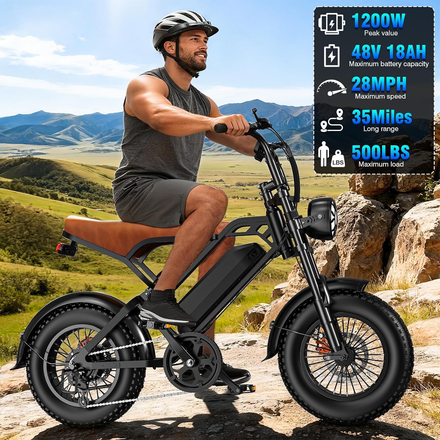 LELEKUAI Electric Bike for Adults, 1200W Peak Power Ebike, 28MPH, 48V 18Ah Removable Battery, 35-Mile Range, 500 LBS Capacity, 16''×4.0'' Fat Tire e-Bike, Moped Electric Bicycle for All-Terrain