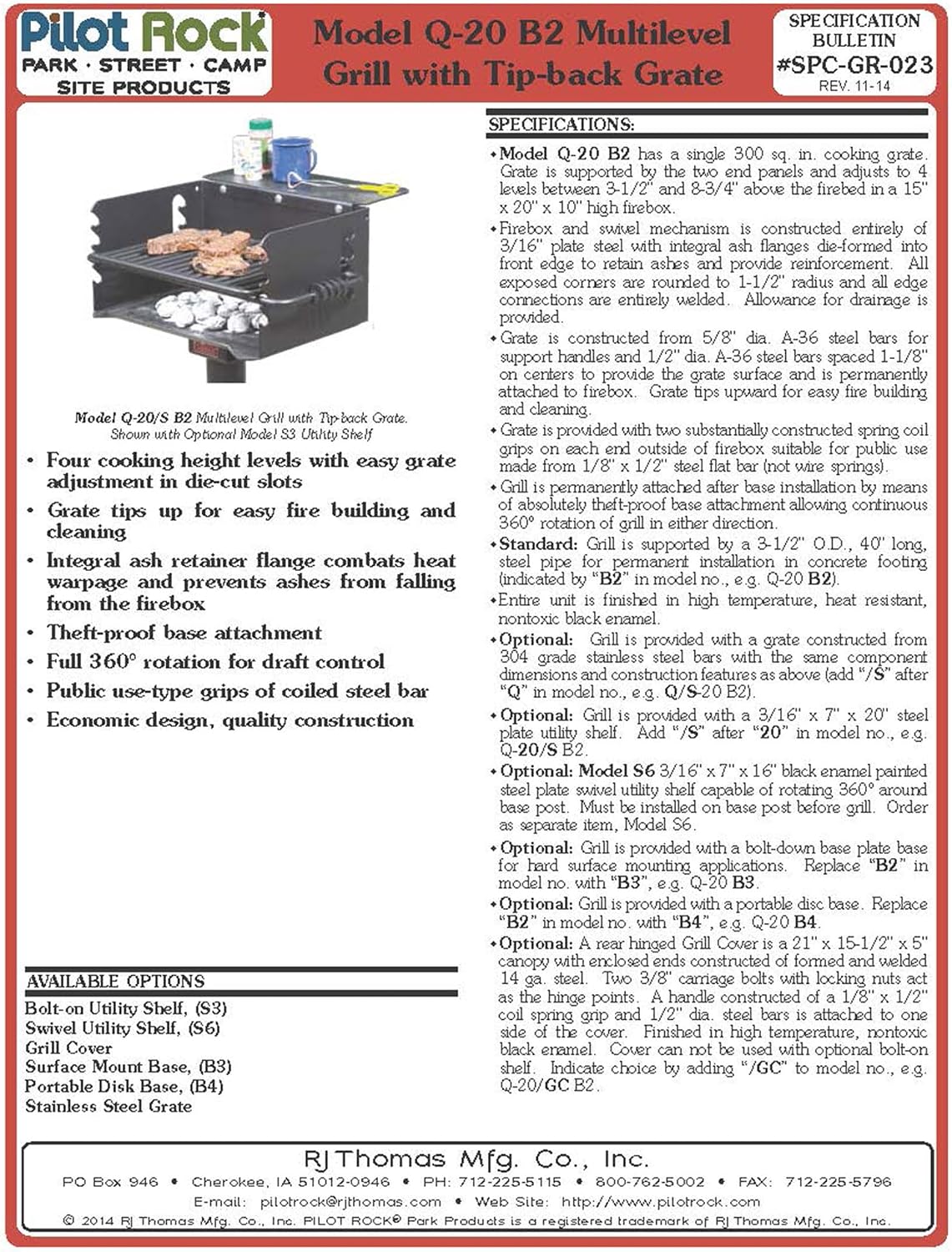 Pilot Rock Q-20 B2 Single Commercial Grade 20 Inch Park Style Charcoal Grill