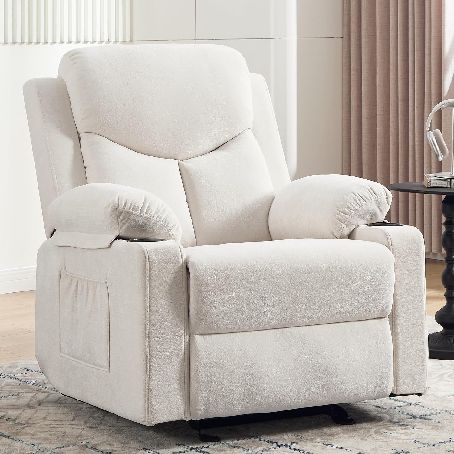 Manual Rocker Recliner Chair for Adults with Vibration Massage,Glider Rocking Recliner for Living Room Bedroom Nursery, Overstuffed Reclining Sofa Chair with Pockets and Cup Holds,Beige