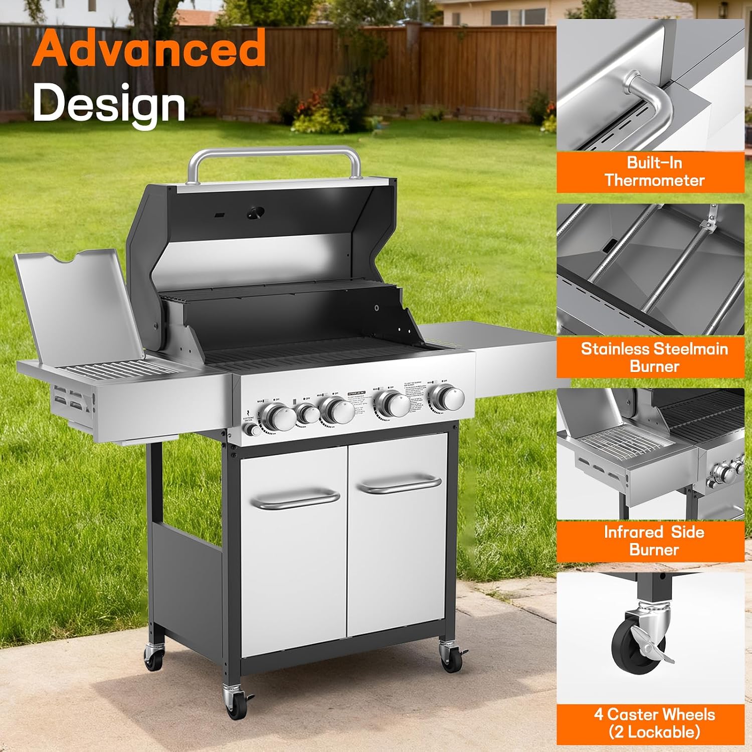 Veralune 55,000 BTU 4+1 Burner Gas Grill with Infrared Side Burner, Porcelain Cast Iron Grates & Stainless Steel Build for Fast Heating, Easy Cleaning, Ideal for Outdoor Kitchens, Patios & Backyards