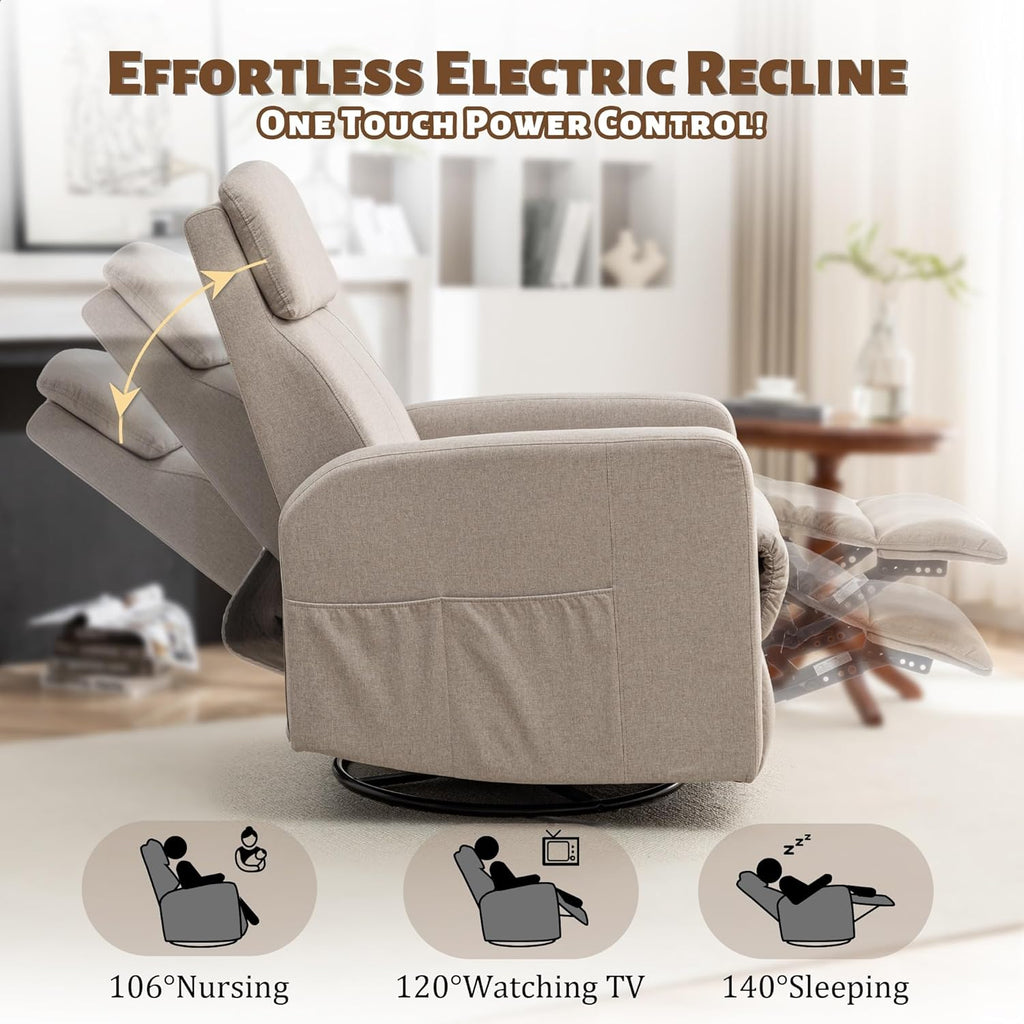 Korser Power Swivel Recliner Chairs for Adults, Electric Glider Rocking Chair Nursery, Glider Recliner Nursery Chair with Classified Side Pocket, Nursery Rocking Chairs with USB and Type-C Ports