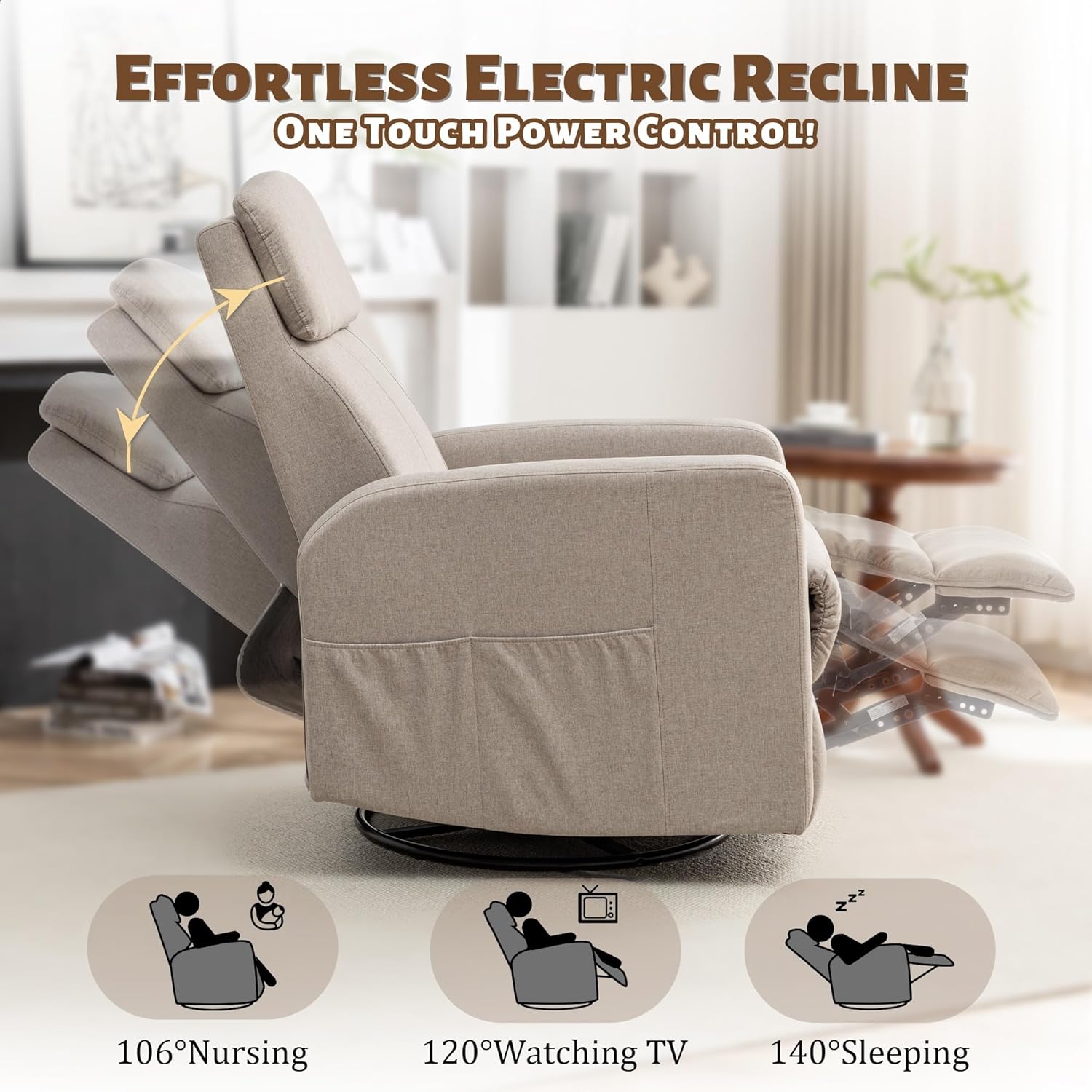 Korser Power Swivel Recliner Chairs for Adults, Electric Glider Rocking Chair Nursery, Glider Recliner Nursery Chair with Classified Side Pocket, Nursery Rocking Chairs with USB and Type-C Ports