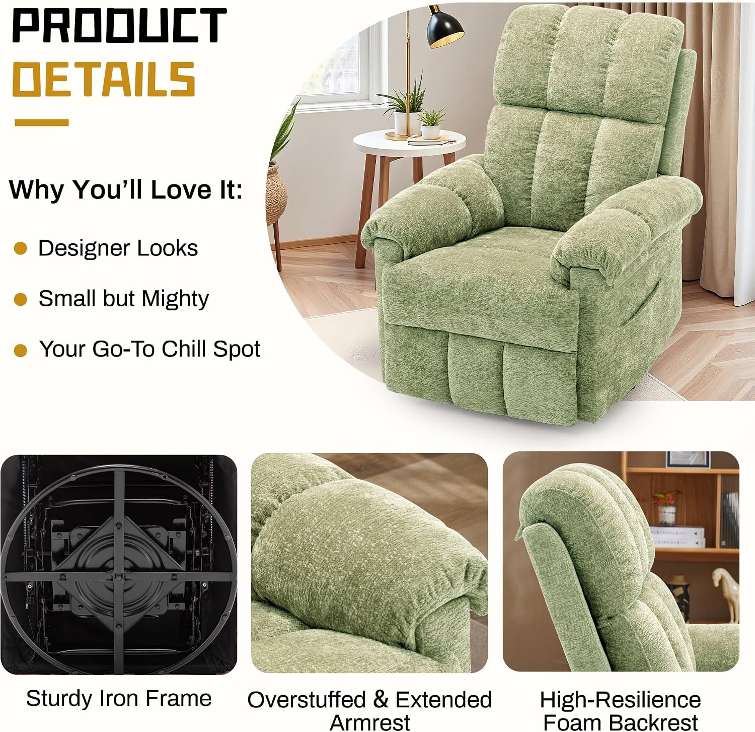 Korser Recliner Chair, Swivel Rocker Recliner Chair for Adults, Small Recliners for Small Spaces, Upholstered Manual Recliner with Side Pockets, Nursery Rocking Chair for Living Room, Chenille, Green