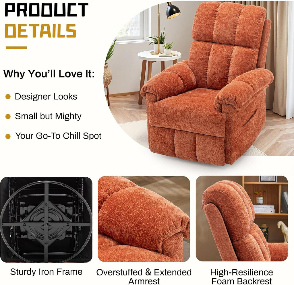 Korser Recliner Chair, Swivel Rocker Recliner Chair for Adults, Small Recliners for Small Spaces, Manual Recliner with Side Pockets, Upholstered Nursery Rocking Chair for Living Room, Chenille, Orange