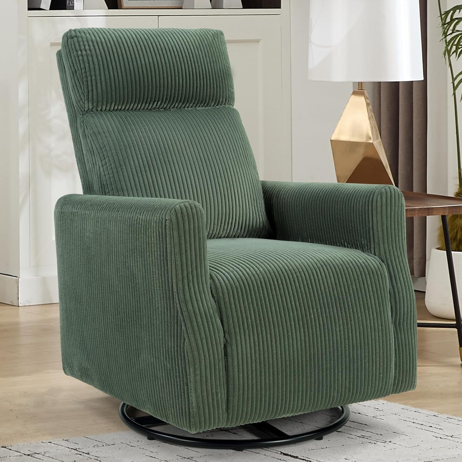 CANMOV Swivel Rocker Chair for Nursery, Swivel Accent Chair with High Back and Arms, Corduroy Glider Chair for Living Room Bedroom Nursery, Green