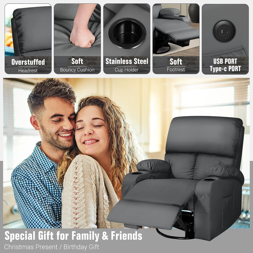 LAFWELL Rocking Recliner Chair, Massage Rocker Recliner Chair with Vibration Massage and Heat, USB and Type-C Ports,360° Swivel Faux Leather Chairs, Living Room, Bedroom, Nursery, RV, Dark Grey