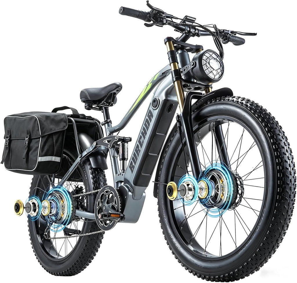 DAMSON Electric Bike for Adults Dual Motor AWD 5000W/3000W/1500W Peak 40MPH/30MPH Dirt Ebike, 52V/48V Max-Output Up to 65/80/120/160 Miles Long Range, 26' Full Suspension Fat Tire Mountains Bicycle