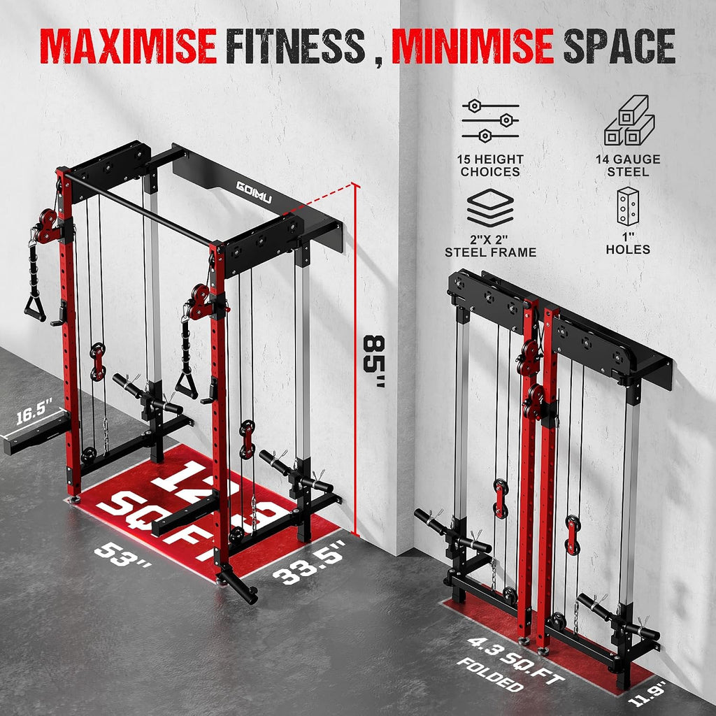 WM3-V4 Folding Squat Rack, Wall Mounted Power Rack with Dual Independent Pulley System, Functional Trainer with 5 Adjustable Function Modes for Space Saving
