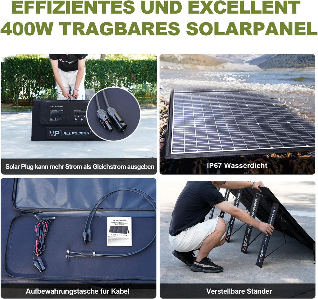 ALLPOWERS SP037 400 watt Solar Panel Foldable Portable Solar Charger with 25% High Efficiency Monocrystalline Cells, 400w Solar Panel IP67 Waterproof for RV Camping Motorhome Off-Grid Power Backup