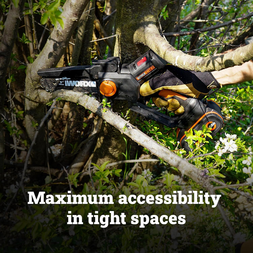 Worx 20V Cordless 5' Pruning Saw, Brushless Mini Chainsaw Cordless, Lightweight Electric Chainsaw 33 ft/s, Handheld Battery Chainsaw w/Tool-Less Chain Replacement Power Share WG325.9 – Tool Only