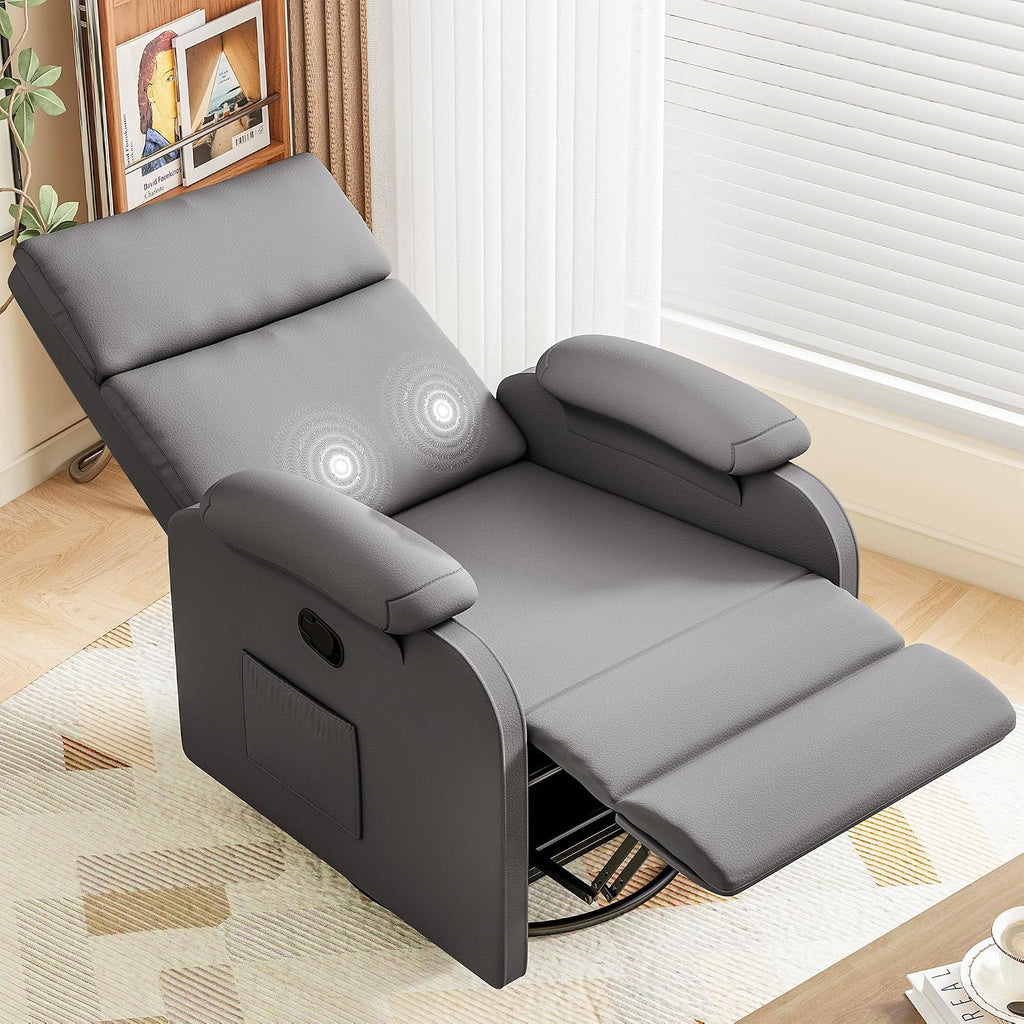 Homall Recliner Chair, 360 Swivel Rocking Chair for Adults, Massage Nursery Chair with Adjustable Backrest and Footrest, PU Leather Glider Rocker Recliners with Side Pocket for Living Room (Grey)