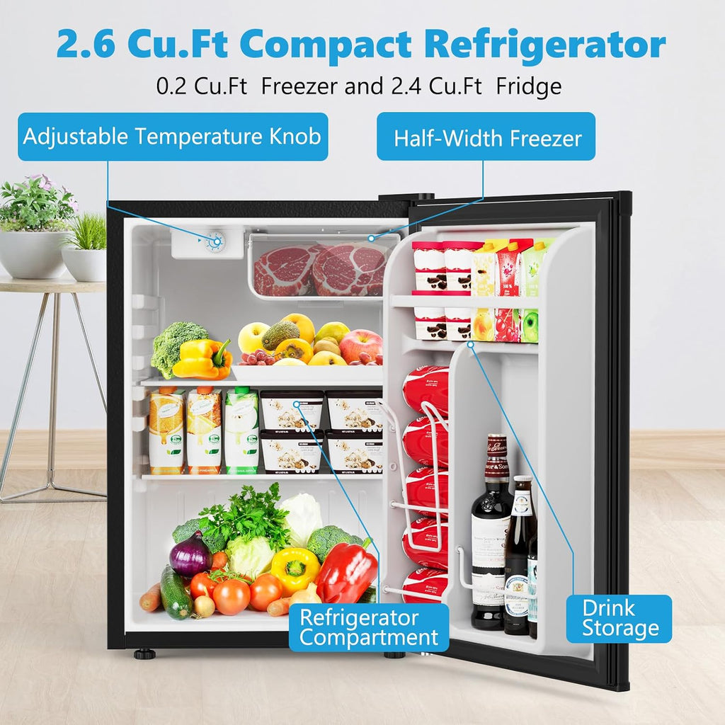 COWSAR 2.6 Cu.Ft Dorm Fridge with Freezer, Single Reversible Door Compact Refrigerator, Adjustable Thermostat, 2 Removable Shelves, Commercial Drink Fridge for Bedroom, Office, Kitchen, Dorm, Black