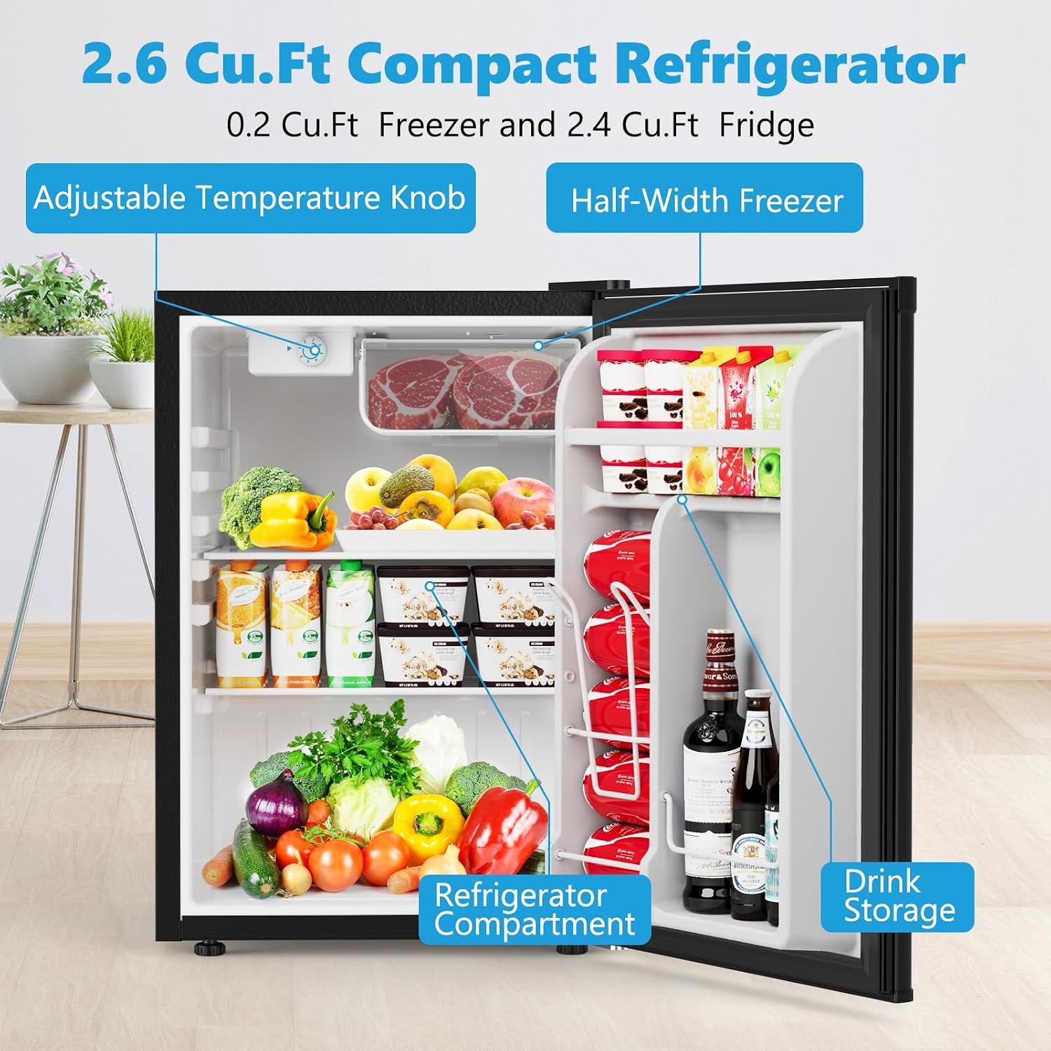 COWSAR 2.6 Cu.Ft Dorm Fridge with Freezer, Single Reversible Door Compact Refrigerator, Adjustable Thermostat, 2 Removable Shelves, Commercial Drink Fridge for Bedroom, Office, Kitchen, Dorm, Black