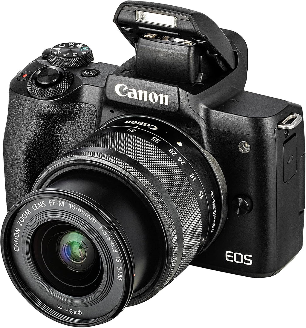 Canon EOS M50 Mirrorless Digital Camera with 15-45mm Lens (White) (2681C011) + 64GB Memory Card + Case + Photo Software + 2 x LPE12 Battery + Charger + Card Reader + LED Light + More