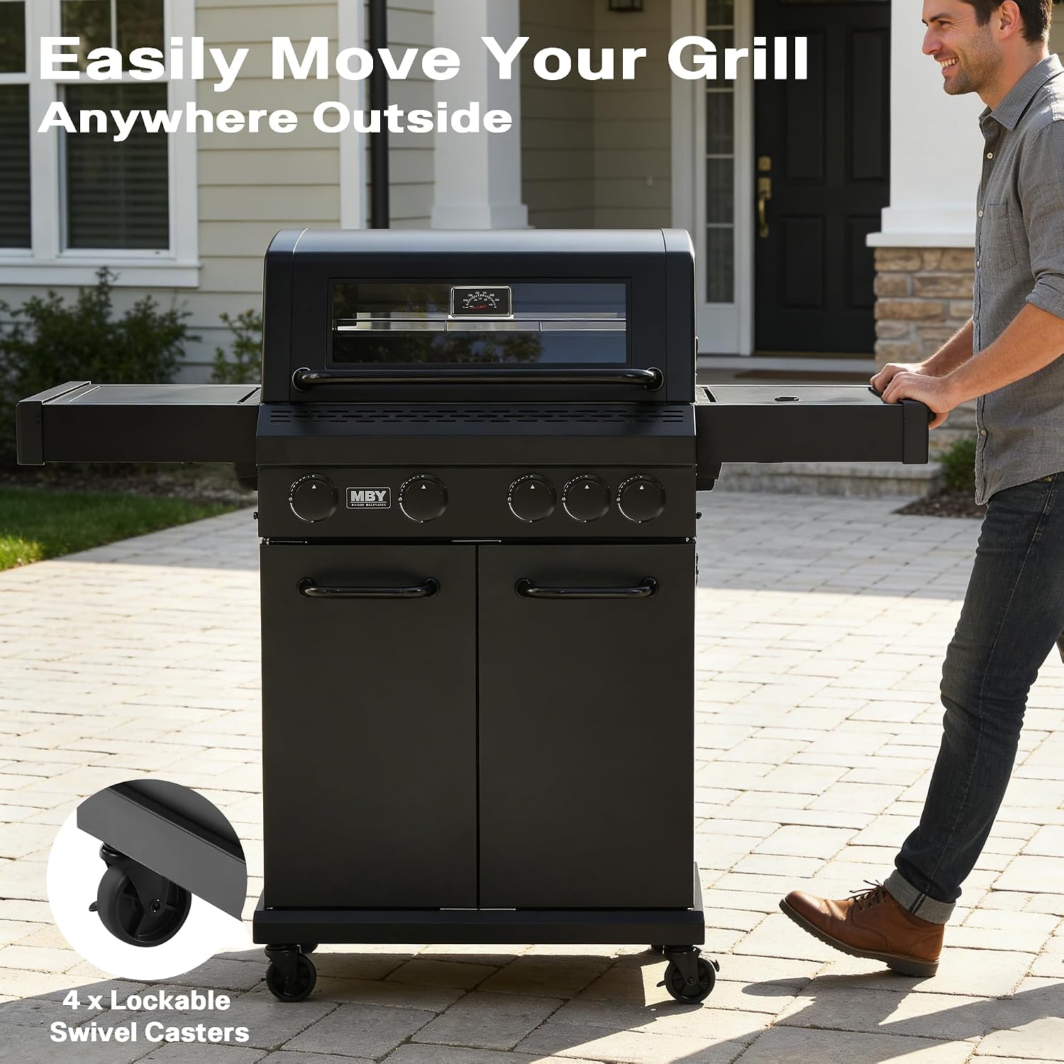 4 Burner Propane Gas Grill with 1 Side Burner, 50,000 BTU Outdoor BBQ Grill, Heavy-Duty Steel Construction, Cast Iron Cooking Grates & Griddle, Backyard Patio Barbecue