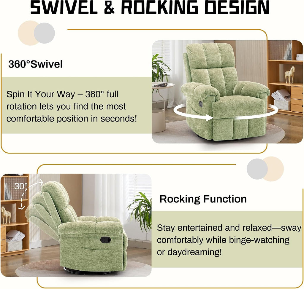 Korser Recliner Chair, Swivel Rocker Recliner Chair for Adults, Small Recliners for Small Spaces, Upholstered Manual Recliner with Side Pockets, Nursery Rocking Chair for Living Room, Chenille, Green