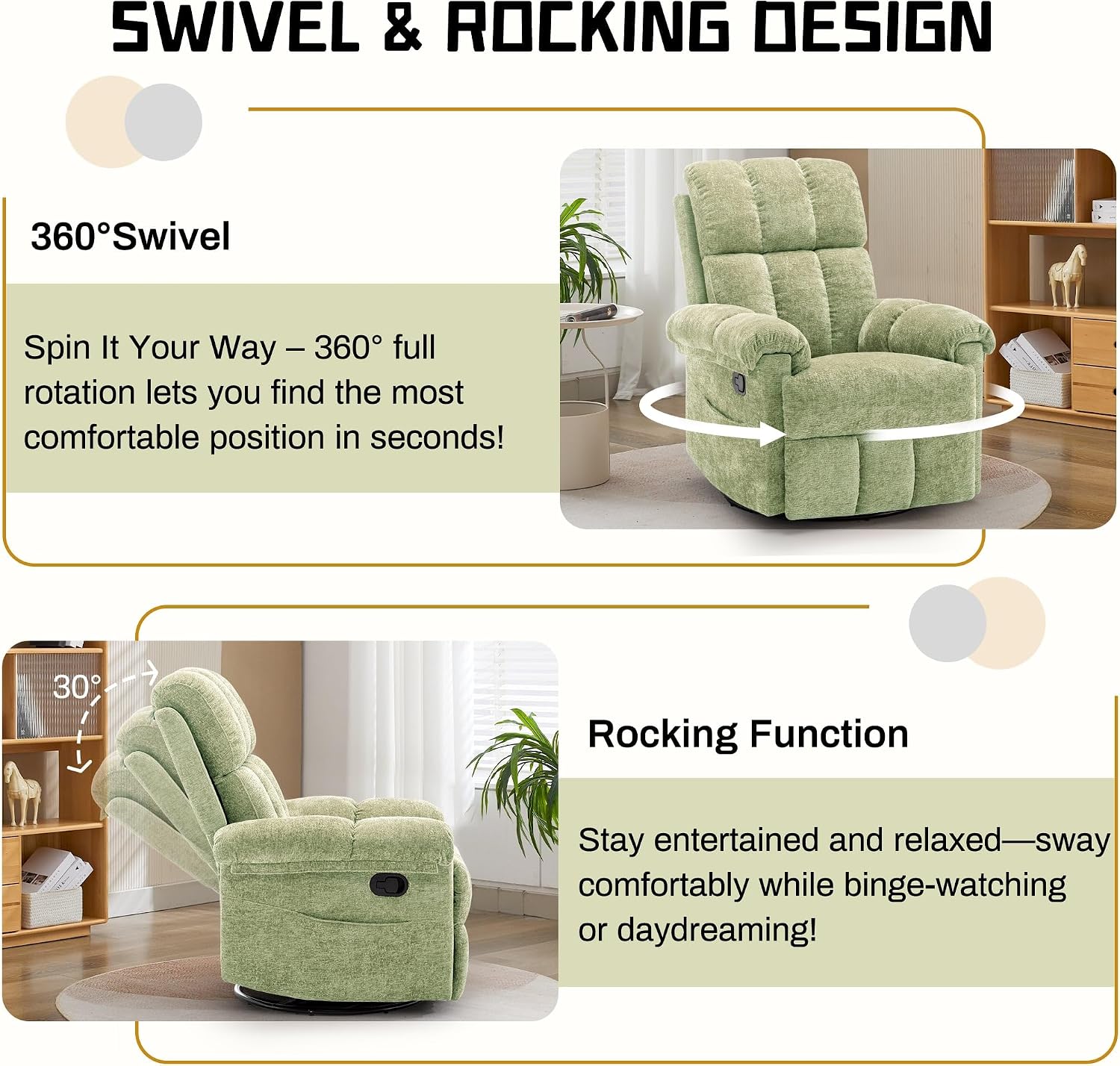 Korser Recliner Chair, Swivel Rocker Recliner Chair for Adults, Small Recliners for Small Spaces, Upholstered Manual Recliner with Side Pockets, Nursery Rocking Chair for Living Room, Chenille, Green