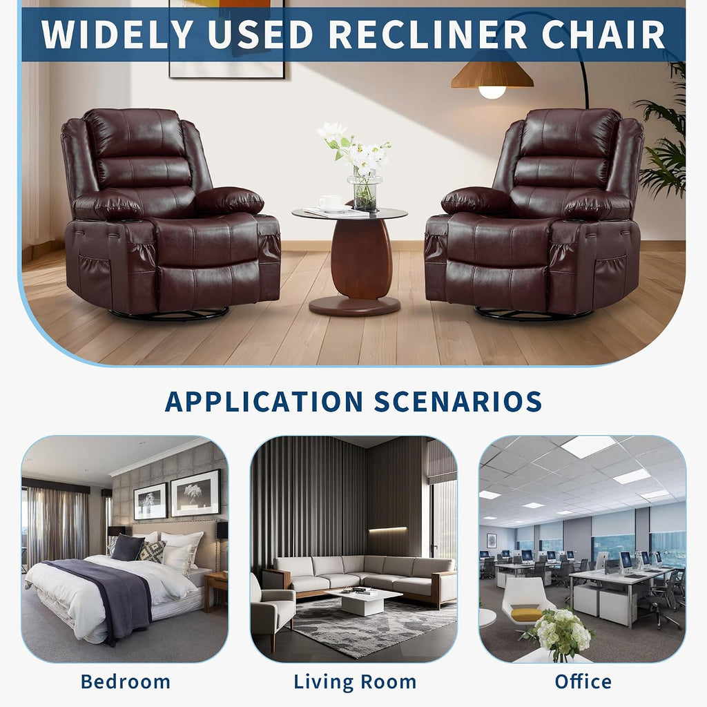Garvee Rocking Recliner Chair for Adults 360° Swivel Rocker Recliner with Cup Holder Wide Nursery Glider with Upholstered Deep Seat PU Leather Comfy Single Sofa for Living Room Coffee