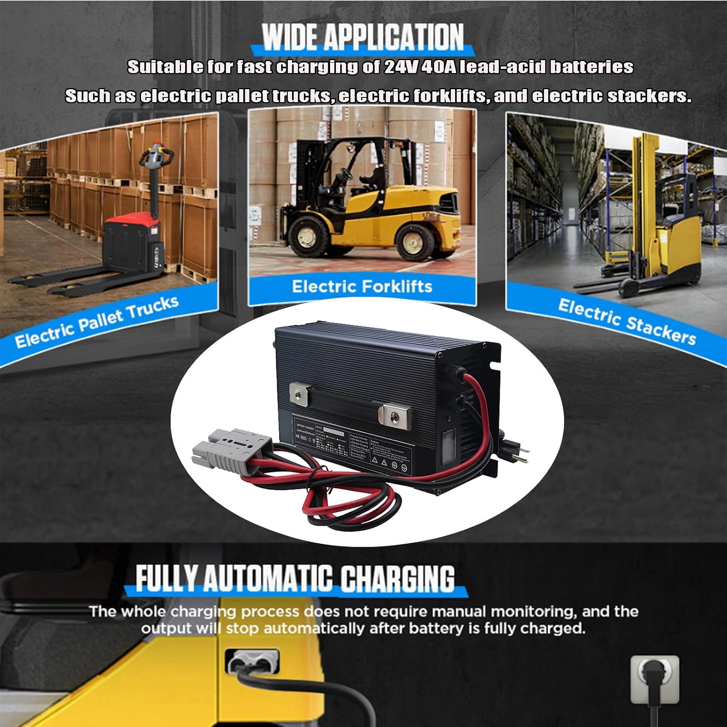 24V 40A Forklift Battery Charger, Fully-Automatic Electric Pallet Jack, Forklift Charger Smart Portable Charger for 200AH-320AH Lead-Acid Batteries,175a