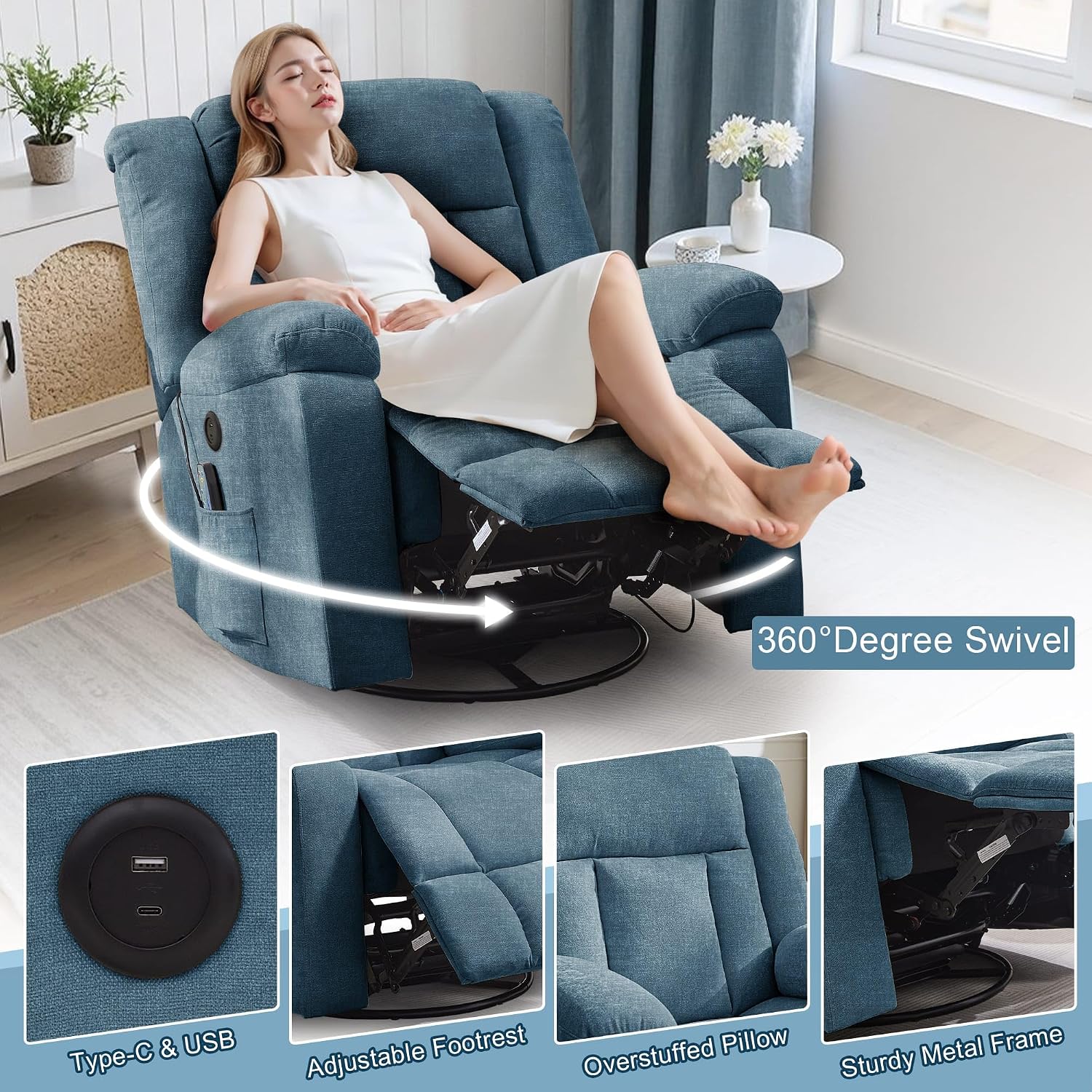 Korser Rocker Recliner, Glider Recliner Chairs for Adults, 360° Swivel Rocking Chair with Massage and Heating, Nursery Chair with Storage and USB Charging for Living Room, Bedroom, Nursery