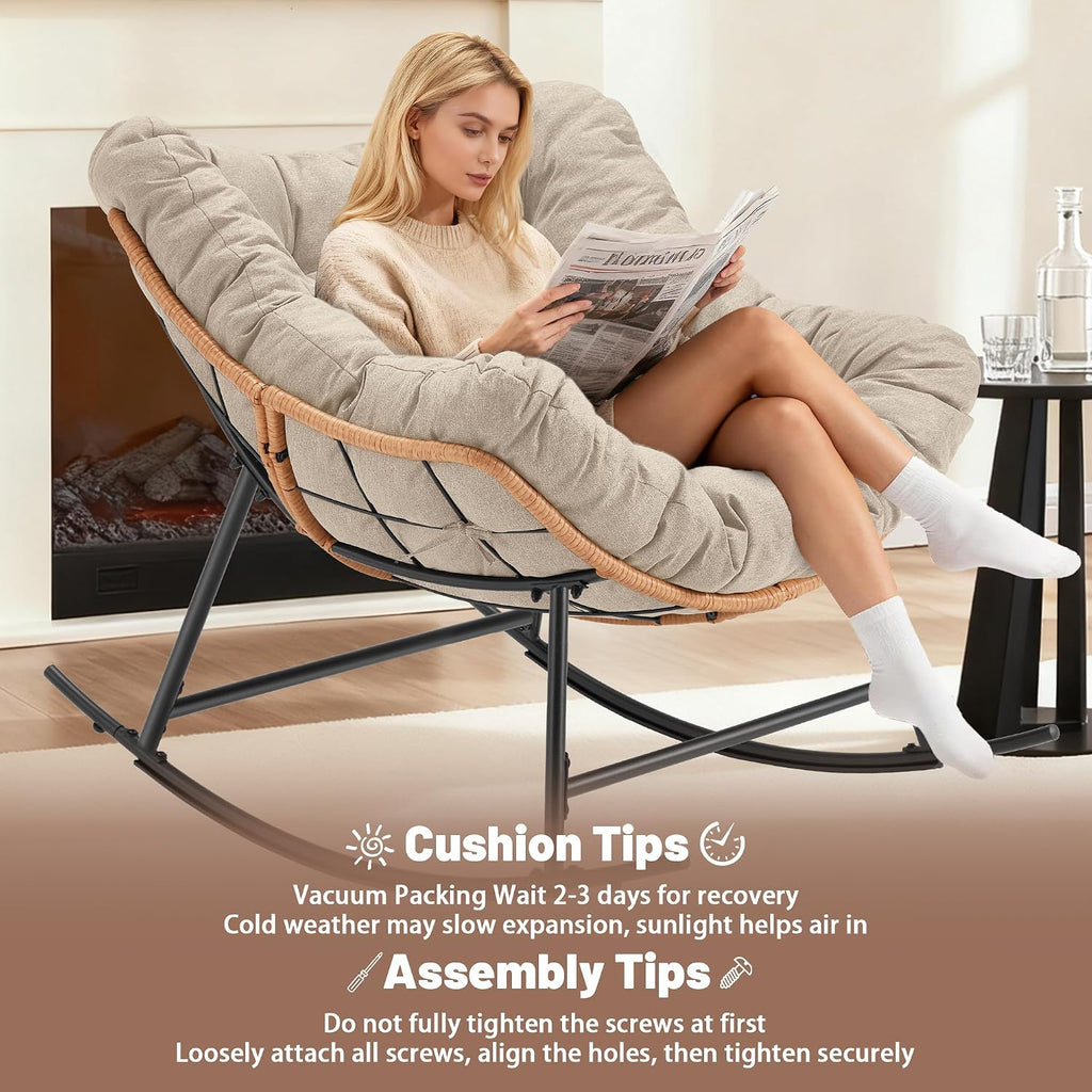 Youtanic Outdoor Rocking Chair, Oversized Papasan Reading Chair Indoor with Thick Cushion, Comfy Rattan Rocker Egg Chair for Patio, Garden, Balcony, Lawn, Backyard, Bedroom, up to 450lbs, Beige