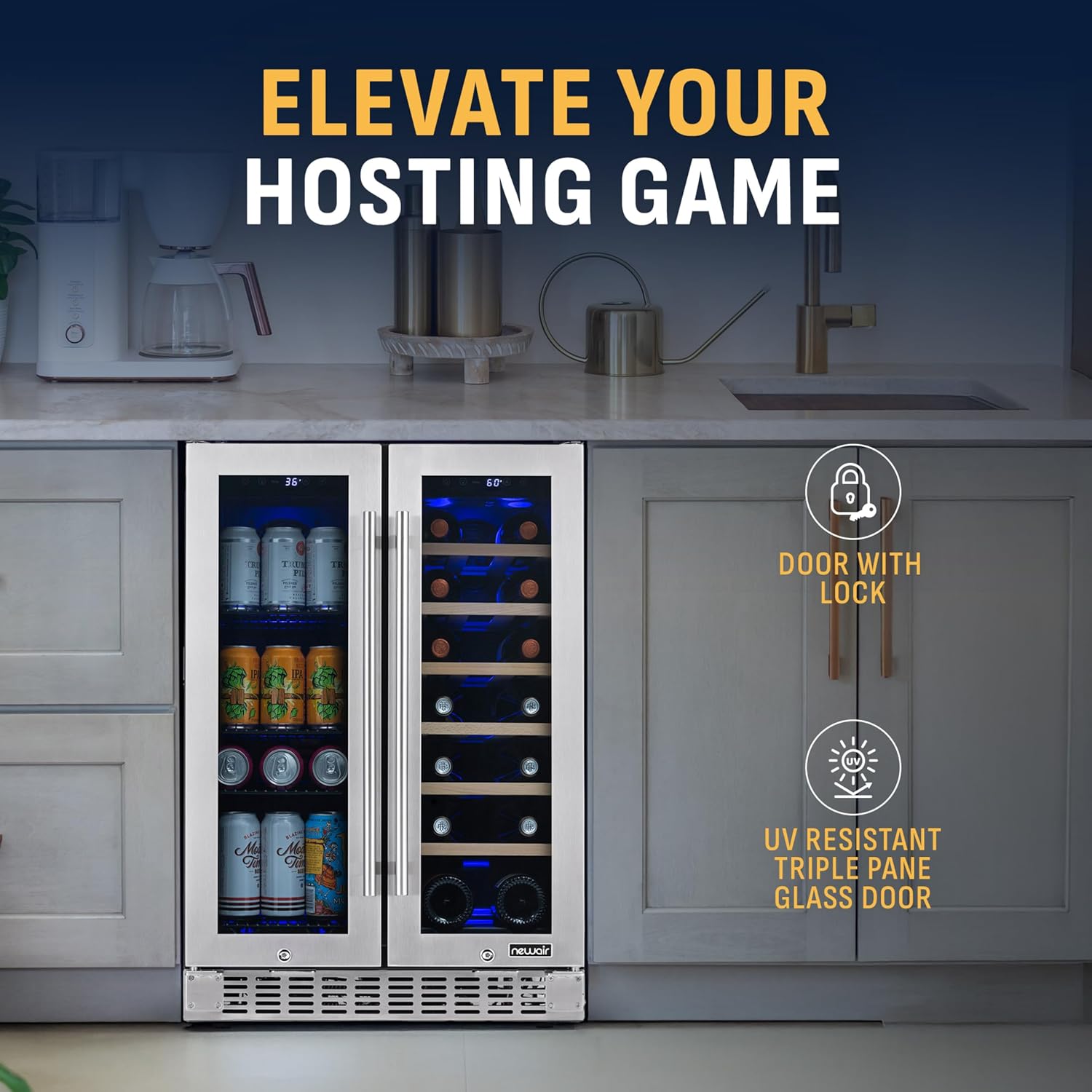 NewAir 24' Dual Zone Beverage Refrigerator & Wine Cooler for 18 Bottles & 60 Cans | Freestanding or Built-In Under Counter Mini Fridge for Beer, Wine and Soda | Stainless Steel