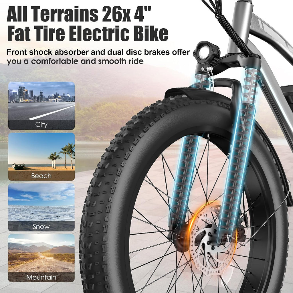 Electric Bike for Adults, 1000W Peak 20MPH 60Miles Ebike,48V 13AH Battery Electric Mountain Bike, 26' x 4'' Fat Tire Electric Bicycle with Rear Rack, Fenders, 7 Speed, UL 2849 Certified