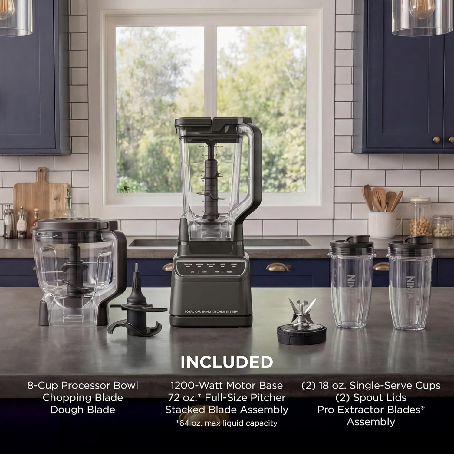 Ninja Kitchen System | All-in-One for Smoothies, Frozen Drinks, Veggie Chopper & More | With Full-Size Pitcher, 8 Cup Food Processor Bowl, (2) 18 oz. Cups, | 1200 Watt | Dark Grey | BR601AMZ