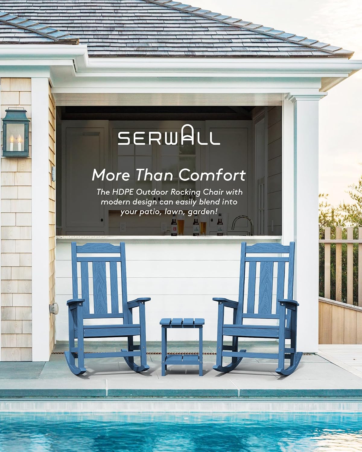 SERWALL Blue Outdoor Rocking Chair Set of 2, All Weather Patio Rocking Chair, HDPE Poly Rocking Chair for Adults, Heavy Duty Front Porch Rocker
