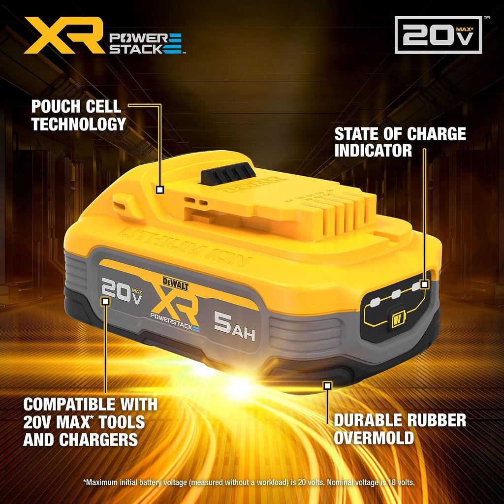DEWALT Powerstack 20V MAX Battery, Rechargeable, 5Ah, Lithium Ion, 2-Pack (DCBP520-2)