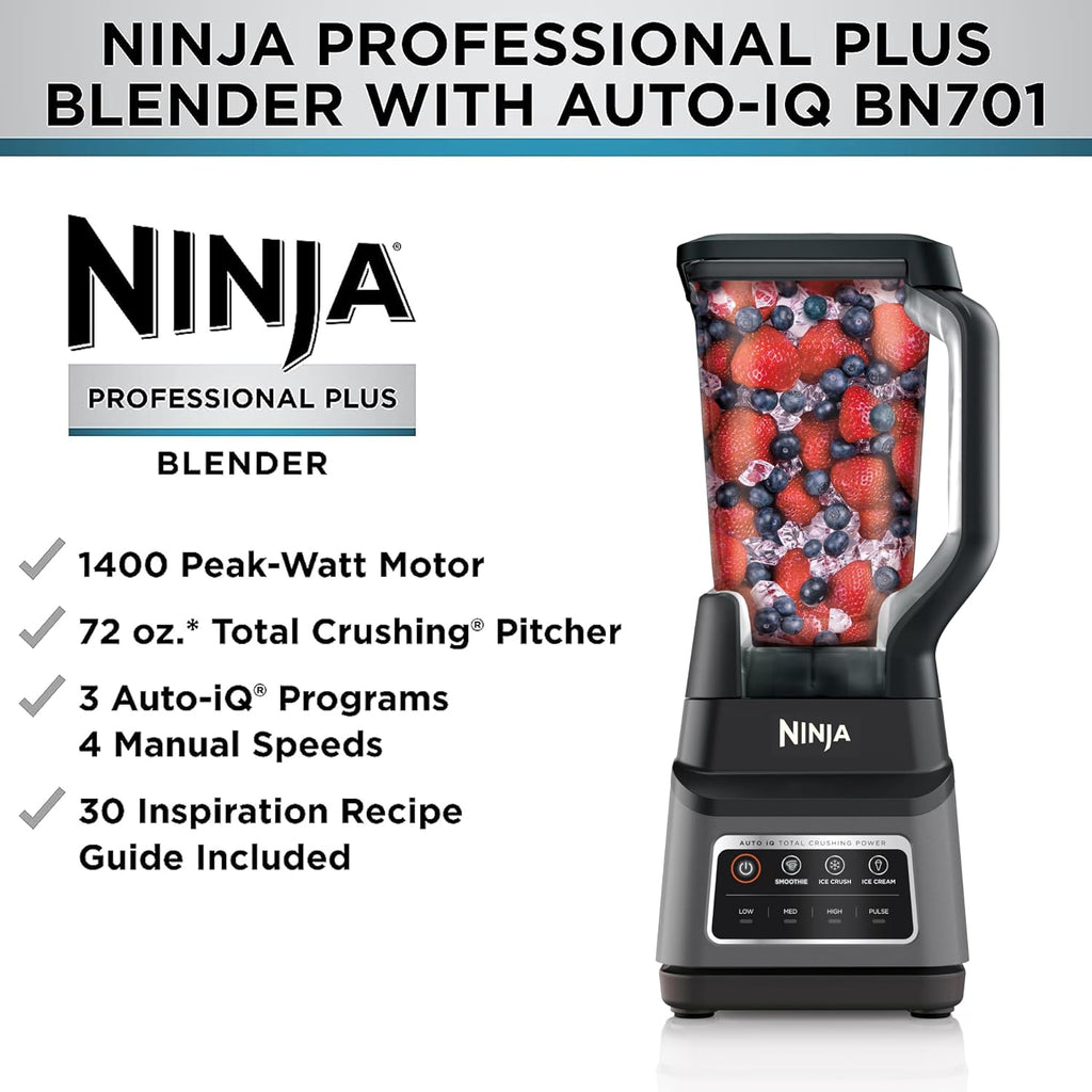 Ninja Professional Plus Blender with Auto-iQ | Smoothie and Ice Cream Maker, Frozen Drink Mixer, Margarita Machine | 3 Auto-iQ Presets, 1400W, 72-oz. Total Crushing Pitcher | Dark Grey | BN701