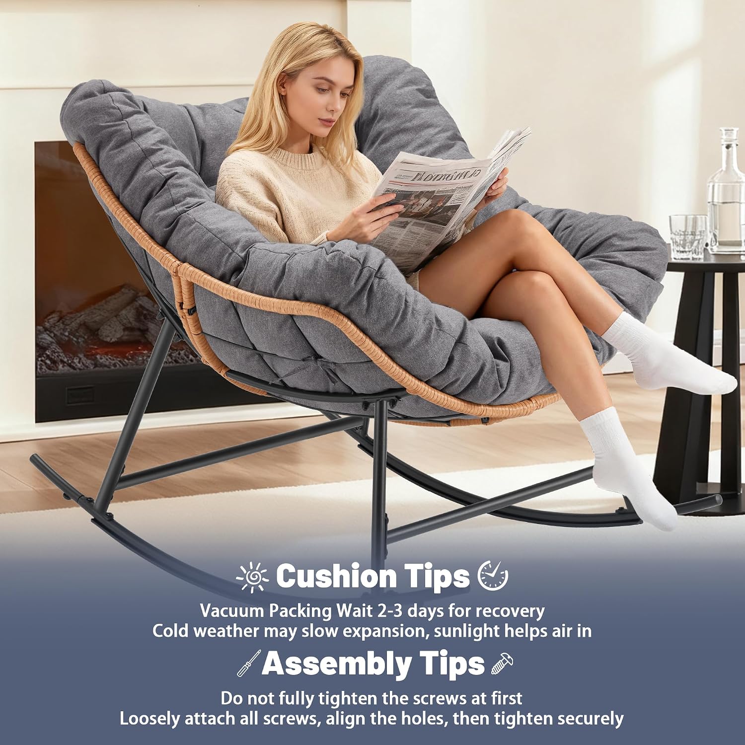 Youtanic Outdoor Rocking Chair, Oversized Papasan Reading Chair Indoor with Thick Cushion, Comfy Rattan Rocker Egg Chair for Patio, Garden, Balcony, Lawn, Backyard, Bedroom, up to 450lbs, Dark Gray