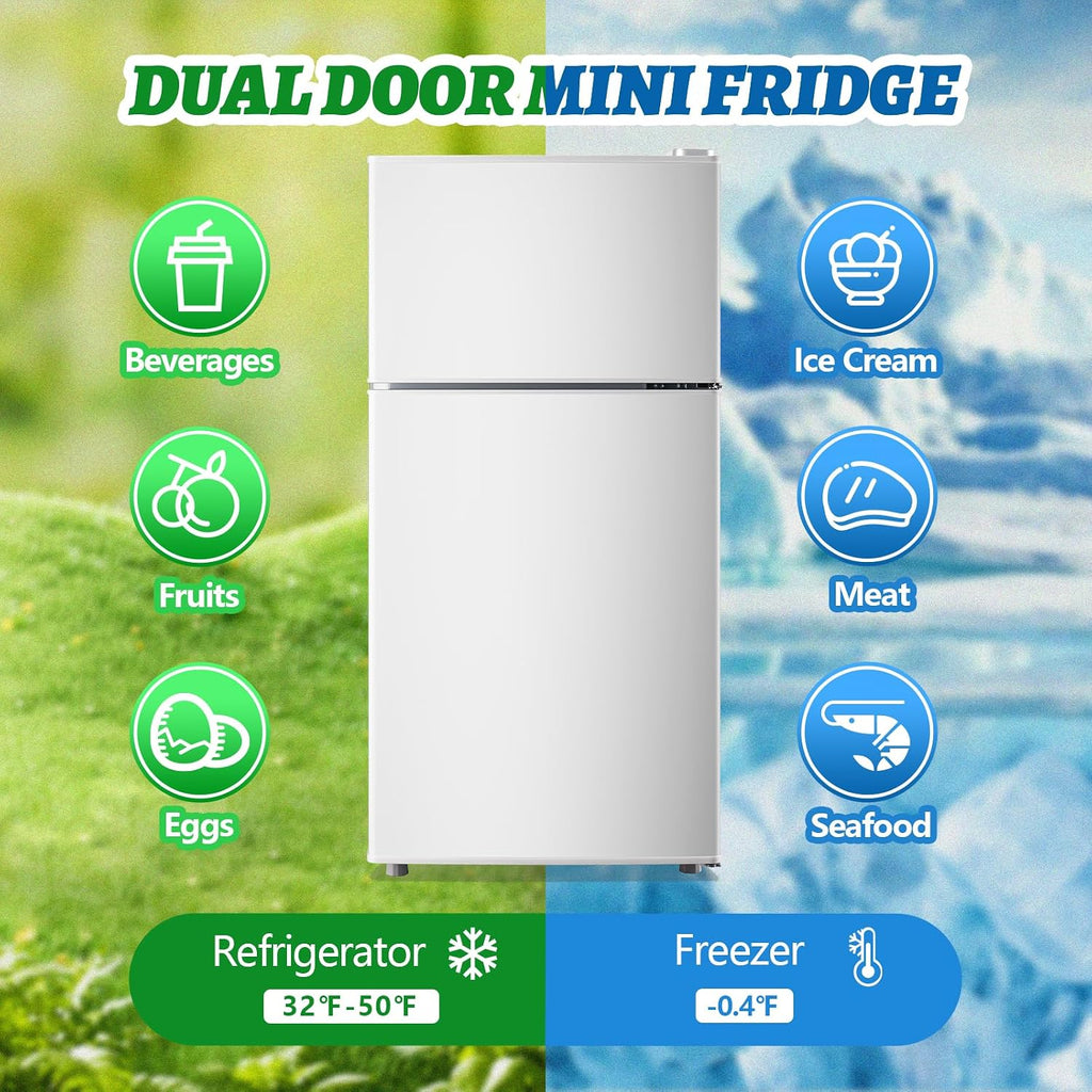 DEMULLER 2.4 Cu.ft Mini Fridge with Top Freezer Apartment Size Dual Door Compact Refrigerator for Personal Use Small Fridge with Egg tray, 7 Temperature Control For Dorm, White