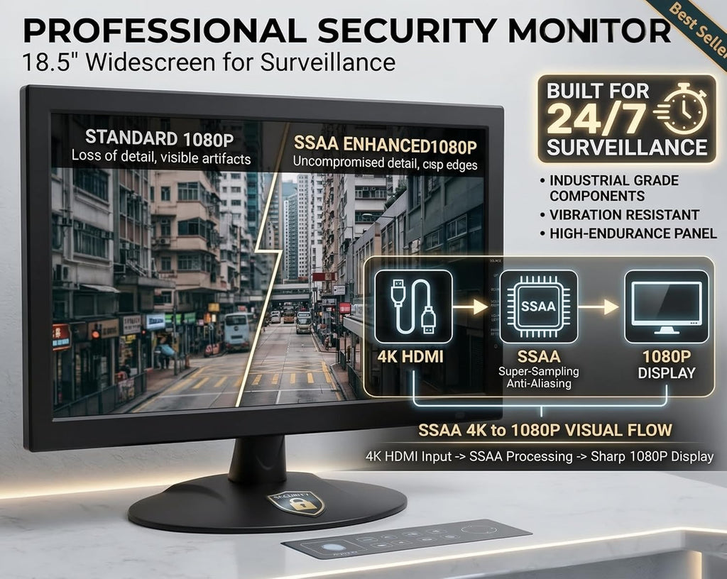 101AV 18.5 LED Security Monitor accept downscaled (SSAA) Ultra HD 4K image on HDMI, BNC Input/Output, Build in Speaker, VESA mount for CCTV camera DVR Home Office 24/7 Surveillance