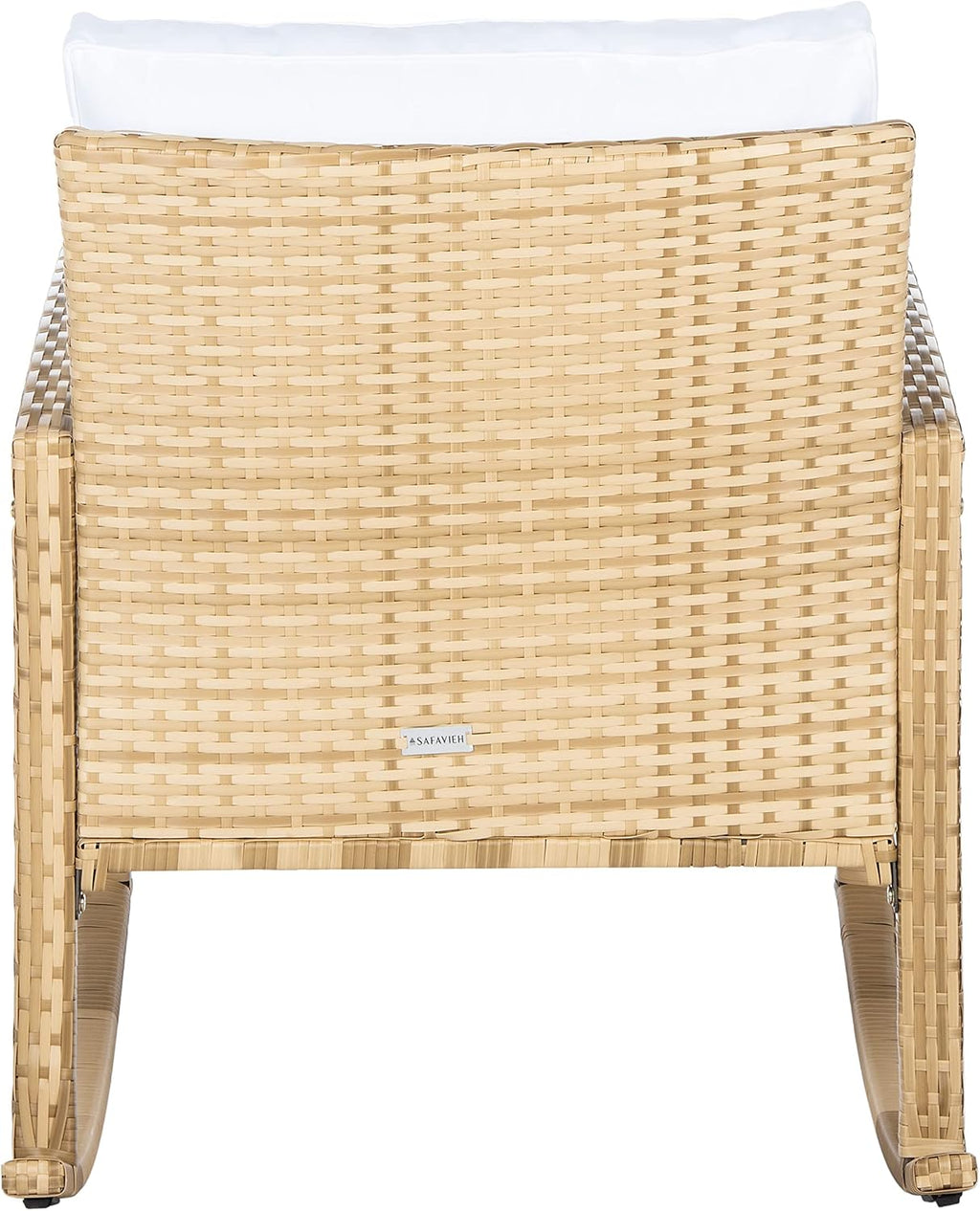 SAFAVIEH Outdoor - Daire Rocking Chair - Natural & White - Steel Frame Faux & Rattan with Cushion - Open-Frame Design - Ideal for Patio, Deck, Porch, Backyard, 14.4' Seat Height (PAT7721D)