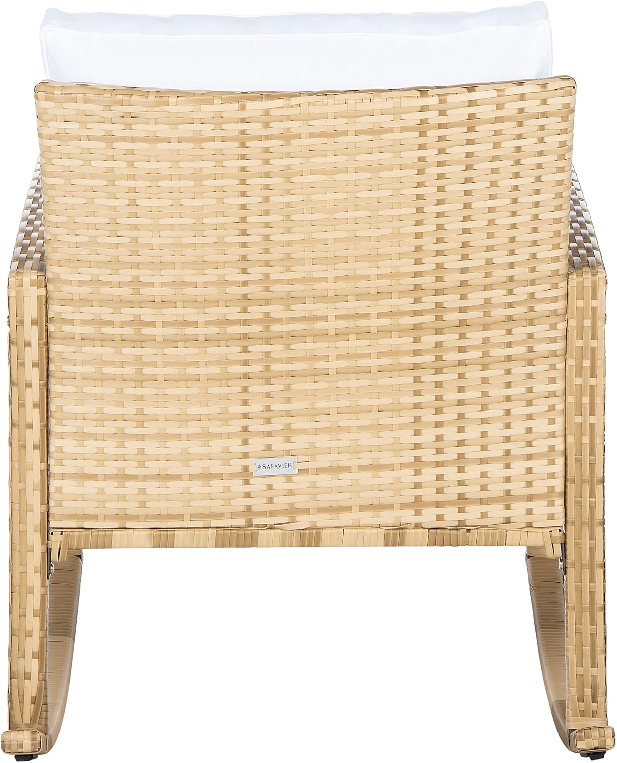 SAFAVIEH Outdoor - Daire Rocking Chair - Natural & White - Steel Frame Faux & Rattan with Cushion - Open-Frame Design - Ideal for Patio, Deck, Porch, Backyard, 14.4' Seat Height (PAT7721D)