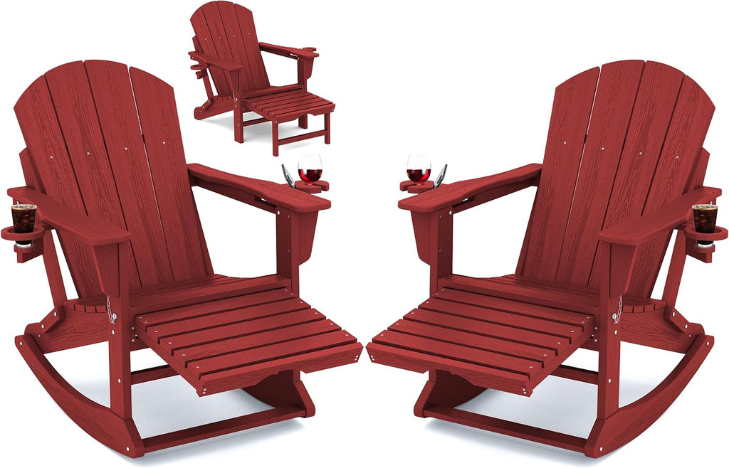 KINGYES Adirondack Rocking Chair Set of 2 with Retractable Ottoman and Cup Holders, HDPE Adirondack Rocker Patio Rocking Chair for Porch, Patio, Balcony, Burgundy Red