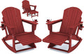 KINGYES Adirondack Rocking Chair Set of 2 with Retractable Ottoman and Cup Holders, HDPE Adirondack Rocker Patio Rocking Chair for Porch, Patio, Balcony, Burgundy Red