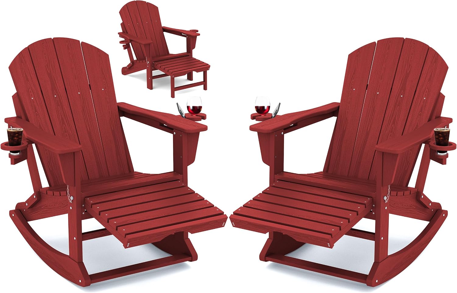 KINGYES Adirondack Rocking Chair Set of 2 with Retractable Ottoman and Cup Holders, HDPE Adirondack Rocker Patio Rocking Chair for Porch, Patio, Balcony, Burgundy Red