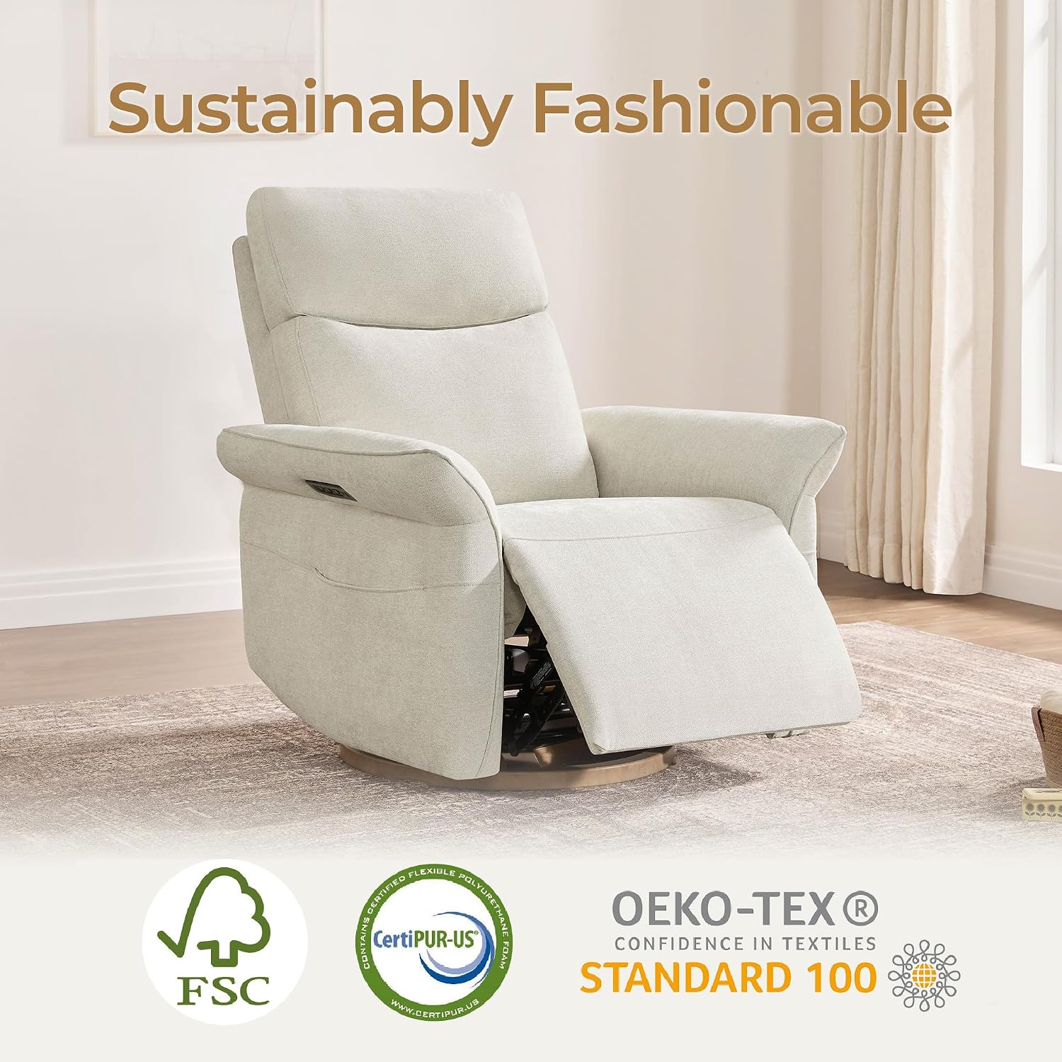 CHITA Power Recliner Chair, Electric Triple-Motor Swivel Glider Nursery Rocking Chair with Adjustable Power Headrest and Lumbar Support, GREENGARD Gold Certified, Solid Wood Base, Linen