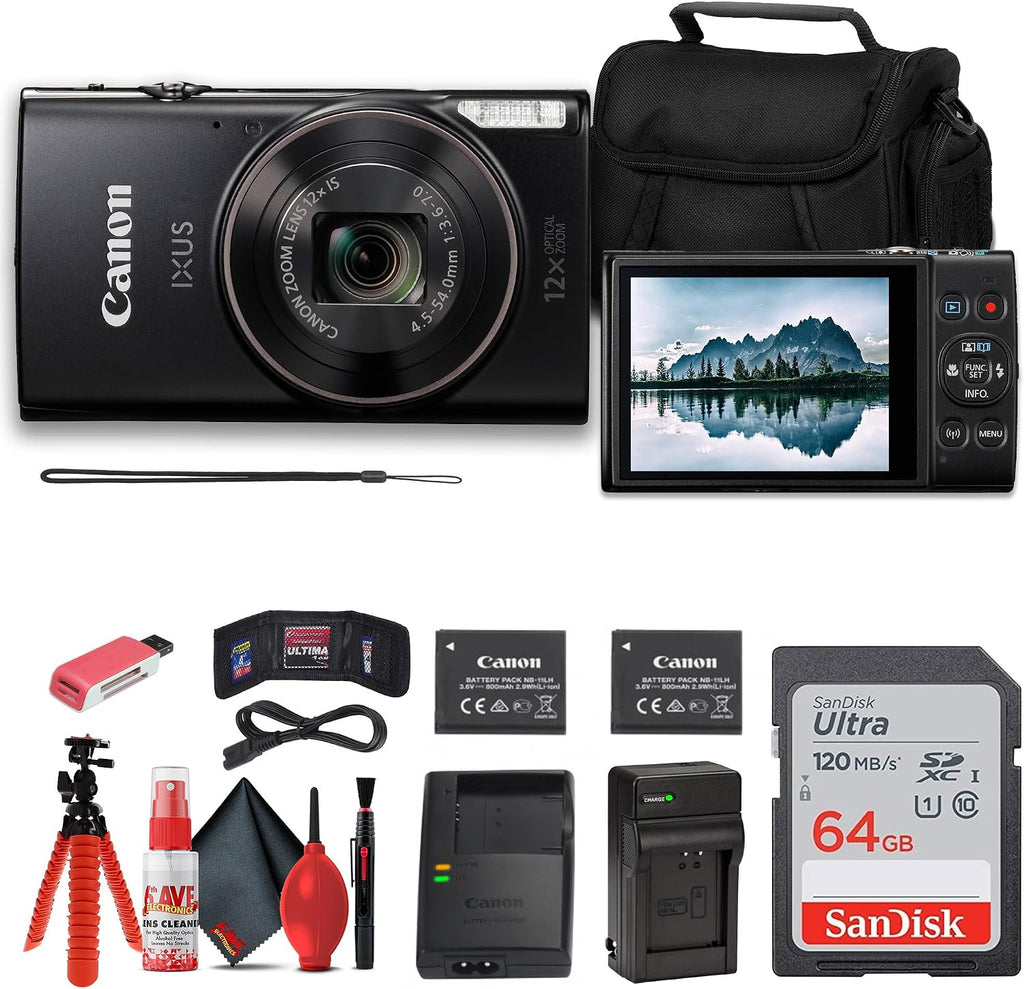 Canon PowerShot IXUS 285 HS 12X Optical Zoom Digital Camera (Black) (1076C001) + NB11L Battery + 64GB Memory Card + Case + Charger + Card Reader + Flex Tripod + Cleaning Kit + Memory Wallet (Renewed)
