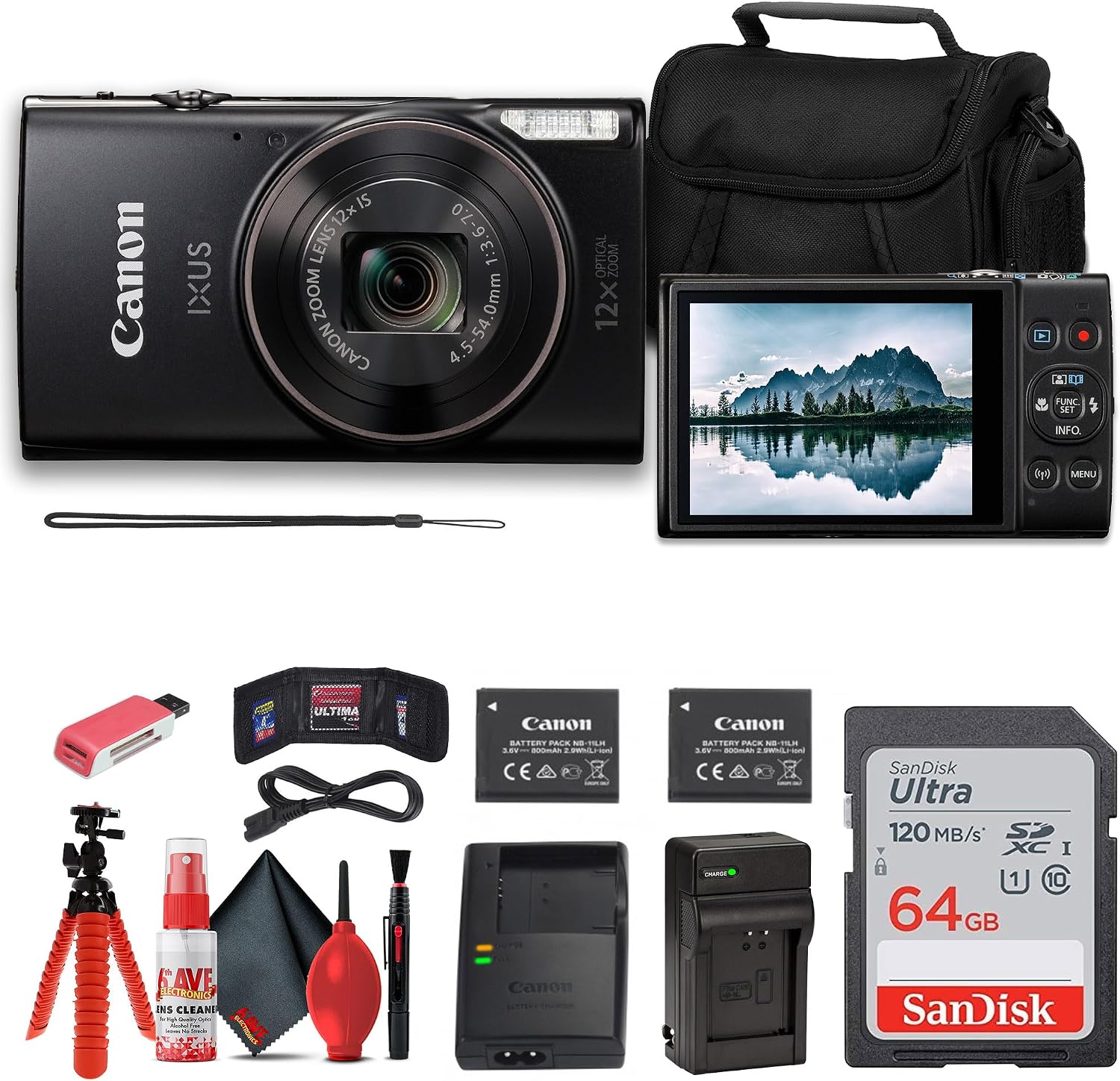 Canon PowerShot IXUS 285 HS 12X Optical Zoom Digital Camera (Black) (1076C001) + NB11L Battery + 64GB Memory Card + Case + Charger + Card Reader + Flex Tripod + Cleaning Kit + Memory Wallet (Renewed)
