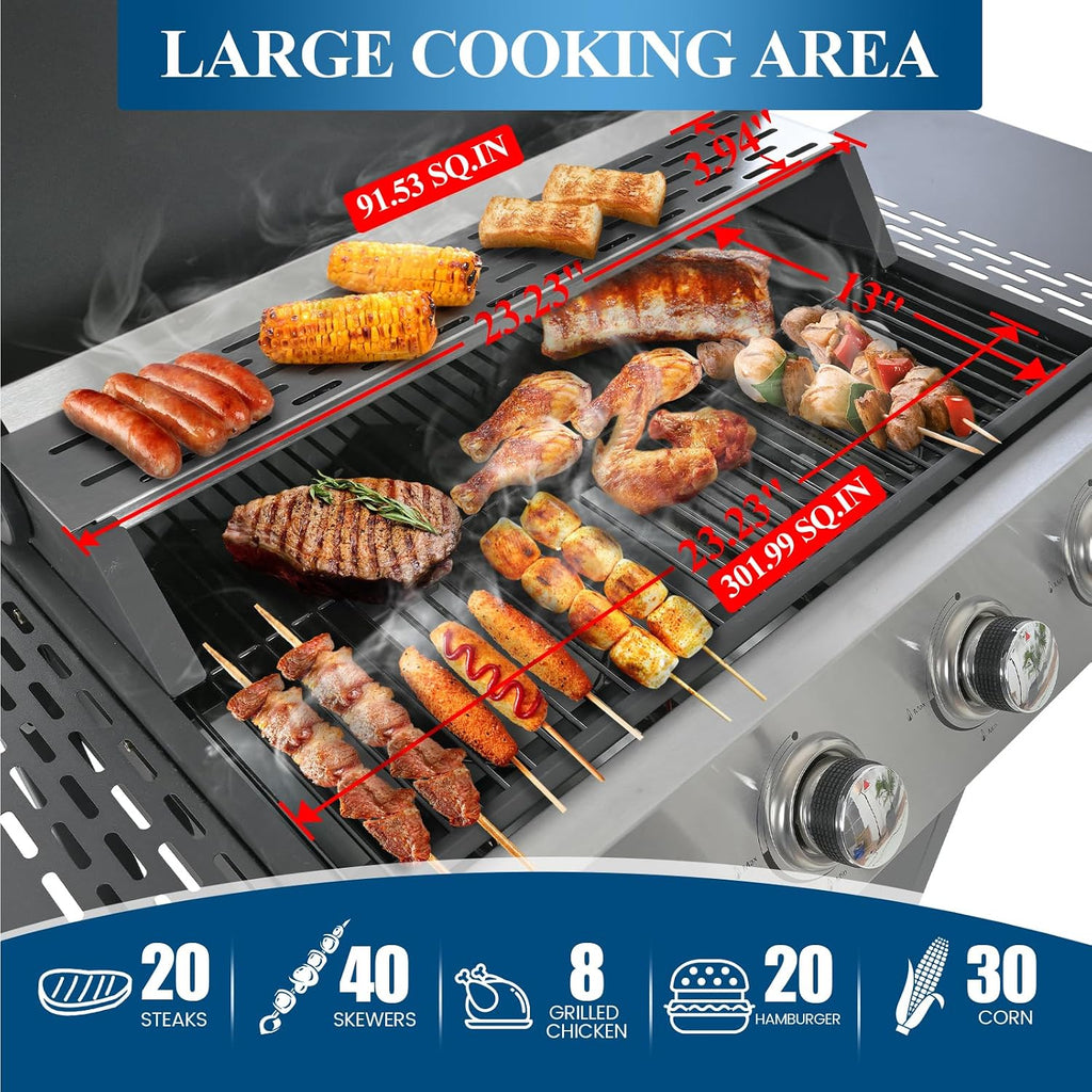 Patio Propane Gas Grill Stainless Steel, 4-Burner BBQ Grill with Top Cover Lid, Spacious Cooking Area and 2 Side Shelves, for Outdoor Patio Garden Picnic Backyard, Black