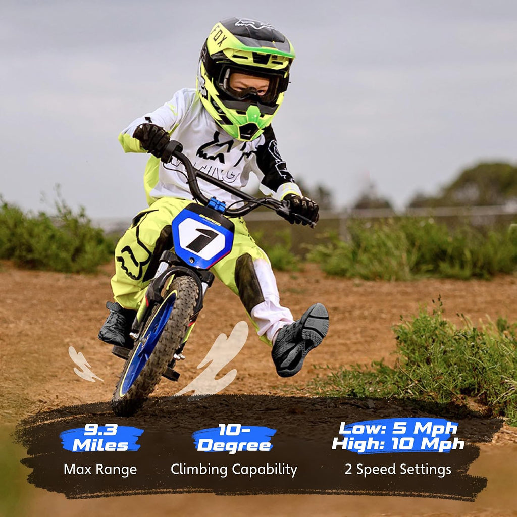 OLALA Electric Dirt Bike for Kids Aged 3-6, 170W Racing Grade Electric Motorcycle, New Aluminum Frame with 2 Power Modes, 24V Detachable Battery, 12IN Knobby Tires