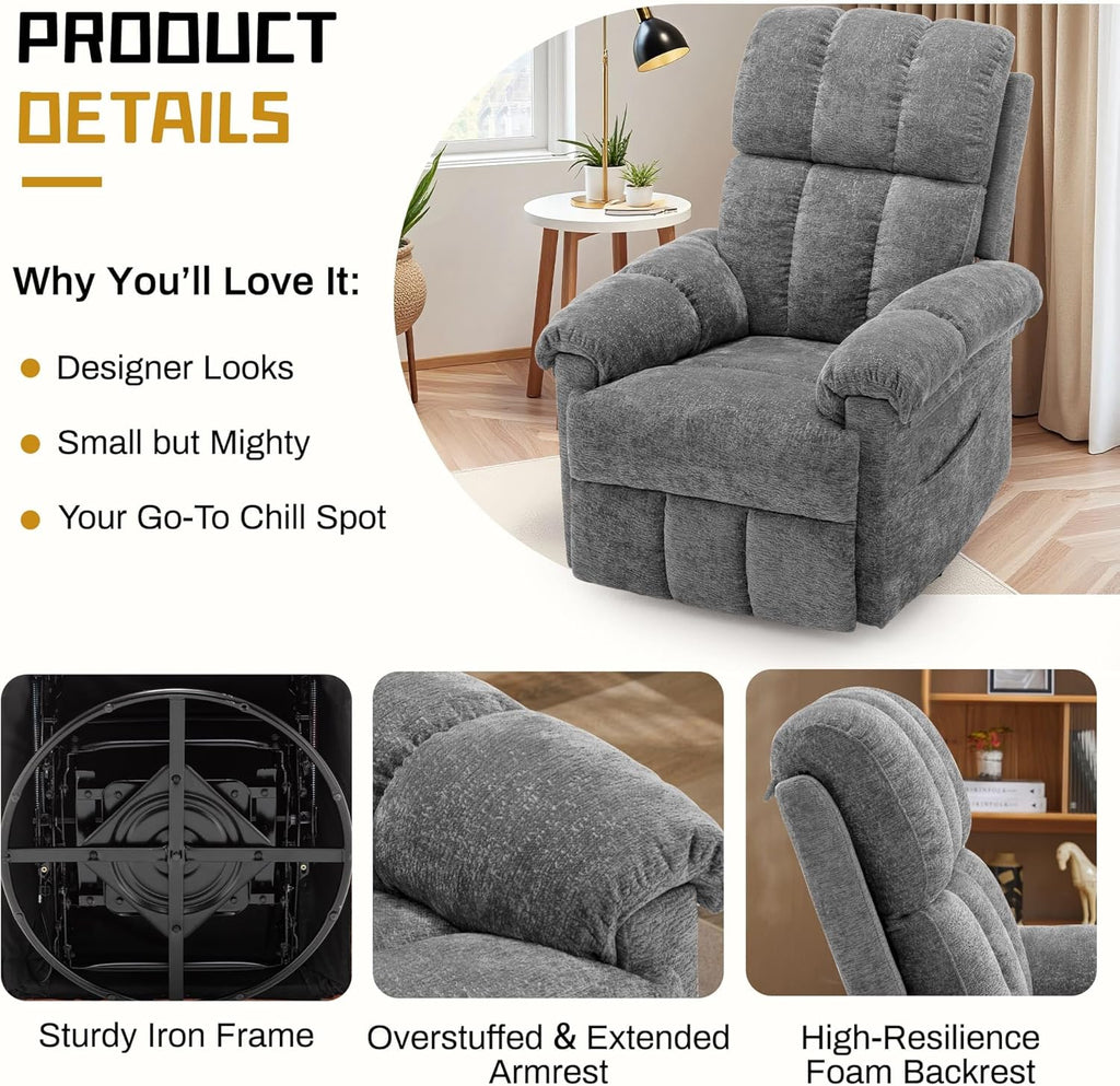 Korser Recliner Chair, Swivel Rocker Recliner Chair for Adults, Small Recliners for Small Spaces, Manual Recliner with Side Pockets, Upholstered Nursery Rocking Chair for Living Room, Chenille, Grey