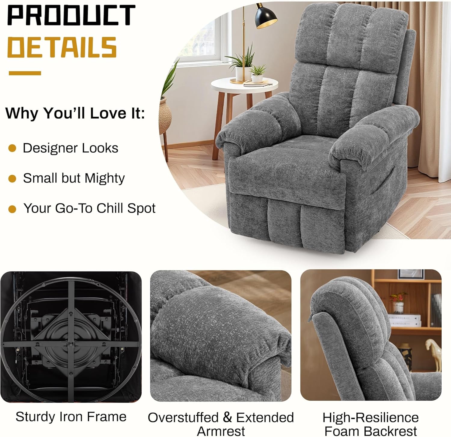 Korser Recliner Chair, Swivel Rocker Recliner Chair for Adults, Small Recliners for Small Spaces, Manual Recliner with Side Pockets, Upholstered Nursery Rocking Chair for Living Room, Chenille, Grey