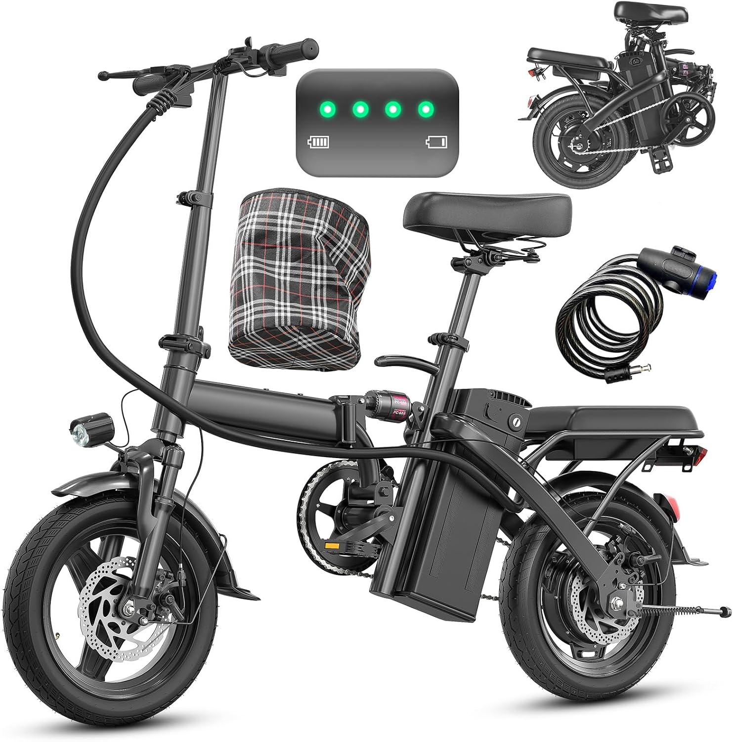 Electric Bike for Adults and Teens, 560W Motor 24MPH Compact Commuter Ebike, 32 Miles Range, 48V 10Ah Battery, 3 Shock Absorbers, 14' Mini Foldable Electric Bicycles with Basket, UL 2849 Certified