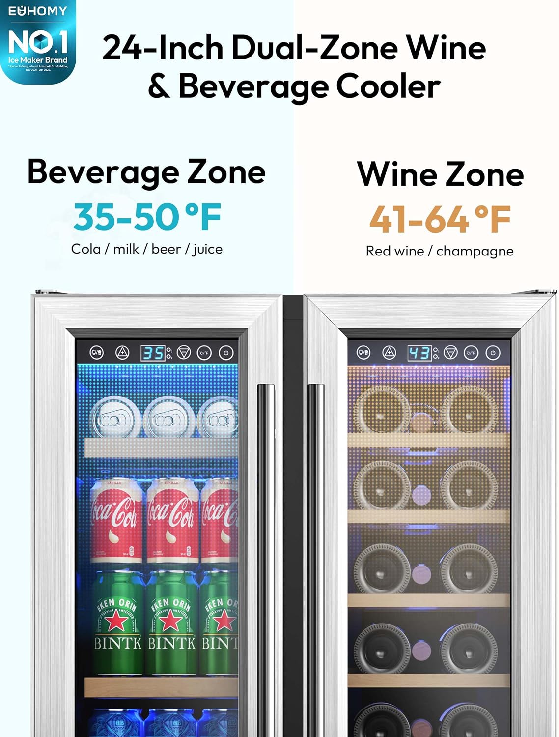 EUHOMY Wine and Beverage Refrigerator, 24 Inch Dual Zone Wine Cooler with Glass Door Hold 21 Bottles and 88 Cans, Built in or Under Counter Wine Fridge with Blue LED Light