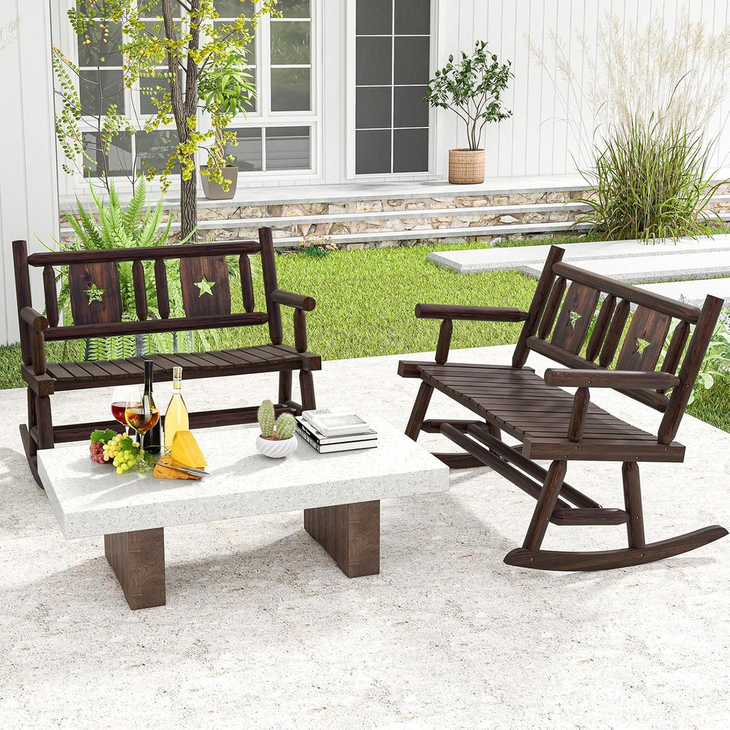 Giantex Outdoor Rocking Bench, Patio Loveseat Rocker for 2 w/Ergonomic Back & Log Arms, Carbonized Fir Wood Frame, Wooden Double Rocking Chair for Porch, Garden, 710 LB Capacity, Rustic Brown (2)