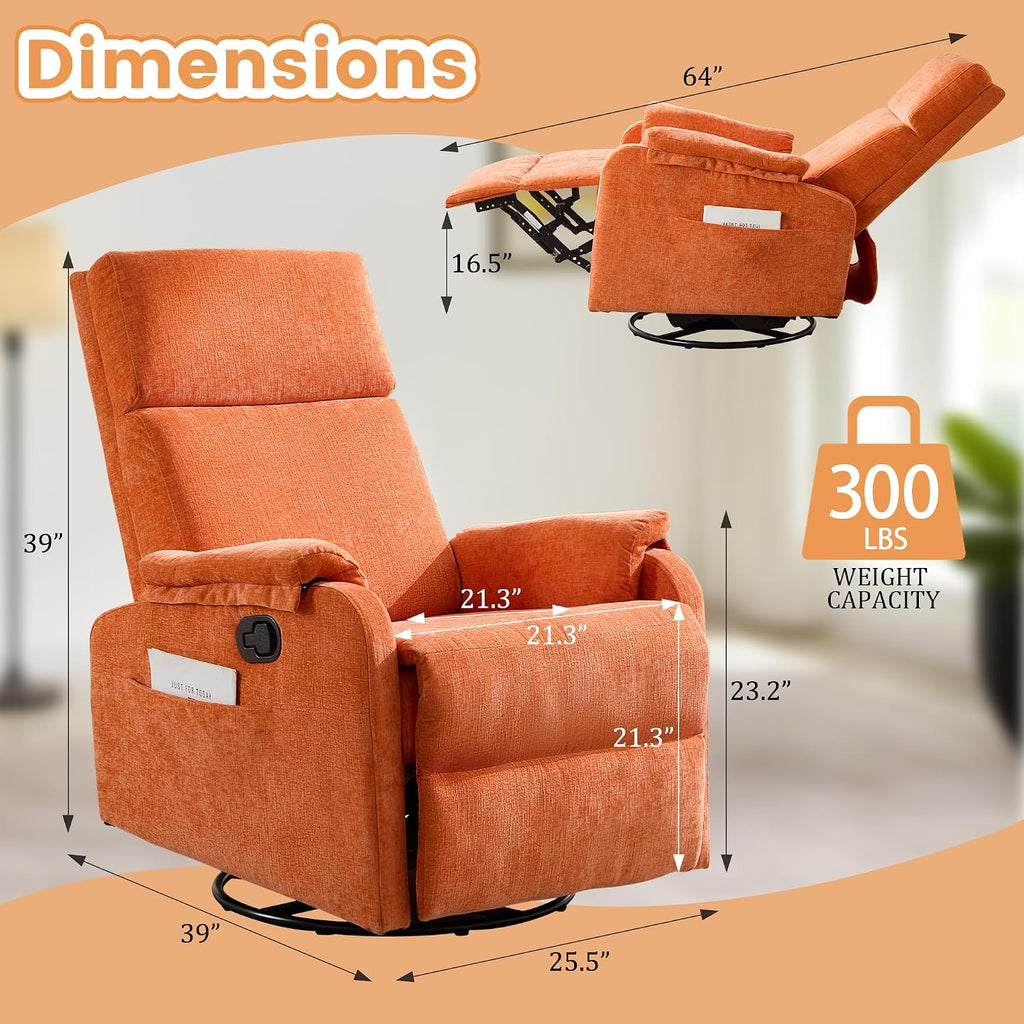 Korser Recliner Chair, Swivel Rocking Recliner Chair for Adults, Glider Rocking Chair, Small Nursery Chair Recliner for Living Room, Reclining Chair with Modern-Designed Armrests, Chenille, Orange